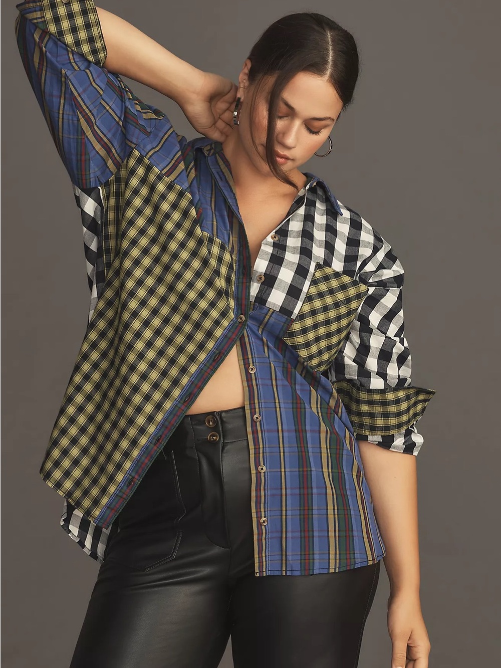 Anthropologie Mixed Plaid Patchwork Button-Down - Blue/Black/Green